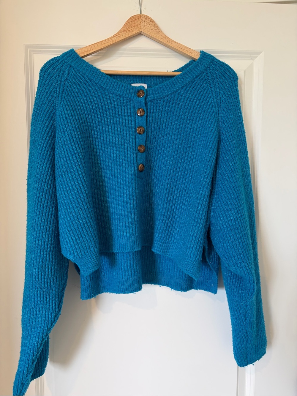 BDG Teal Button-Front Ribbed Crop Sweater